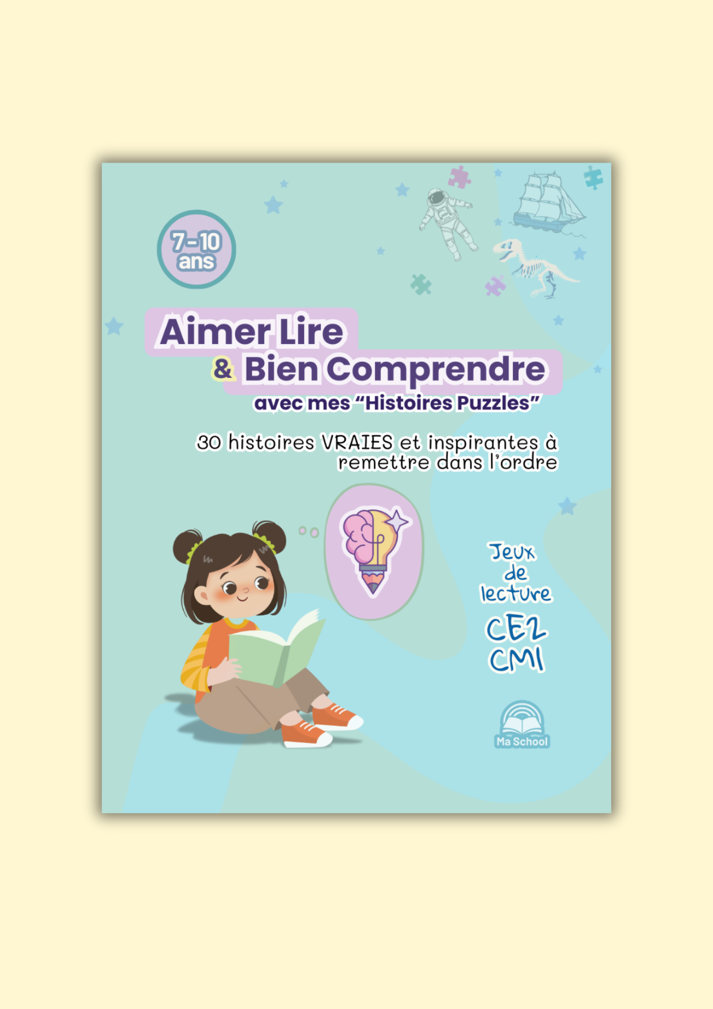 couverture du livre éducatif pour faire aimer la lecture, une fille lit un livre et une ampoule représente ses nouvelles idées