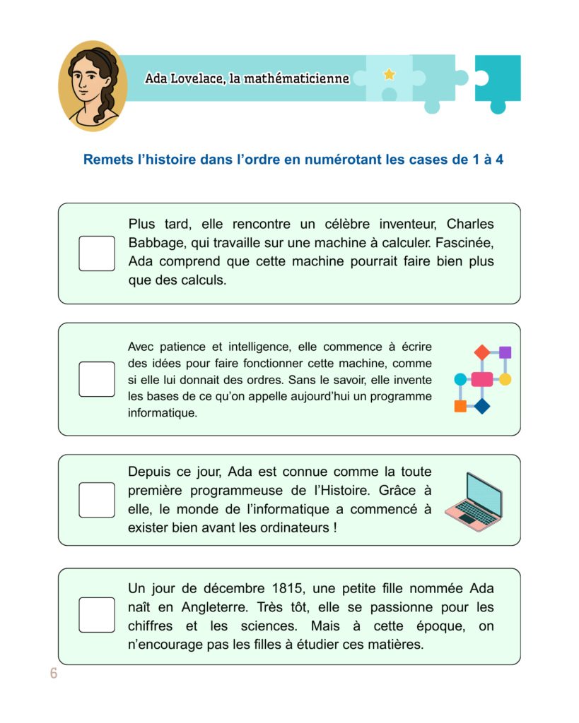 page d'activité extraite du livre avec texte à remettre dans l'ordre