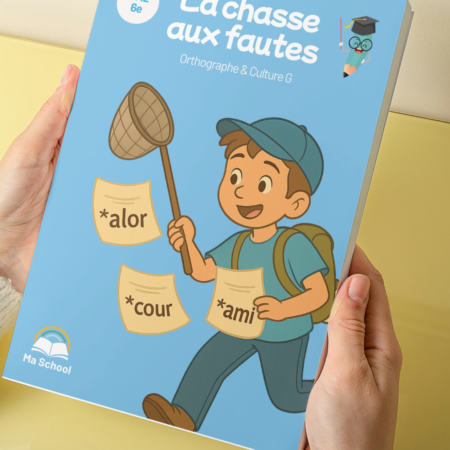 Des mains tiennent un livre éducatif d'orthographe